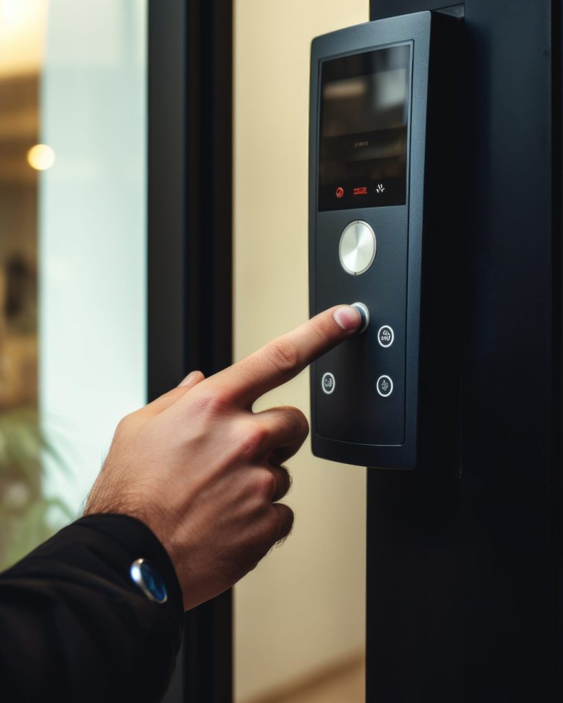 A person pressing a button on a door, suitable for technology and security concepts.